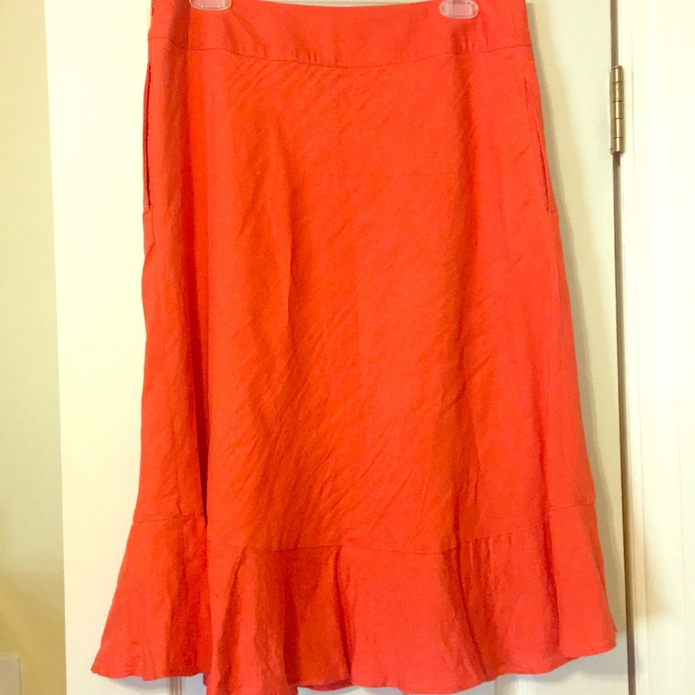 Orange, linen a-line skirt, pockets and fluted hem
